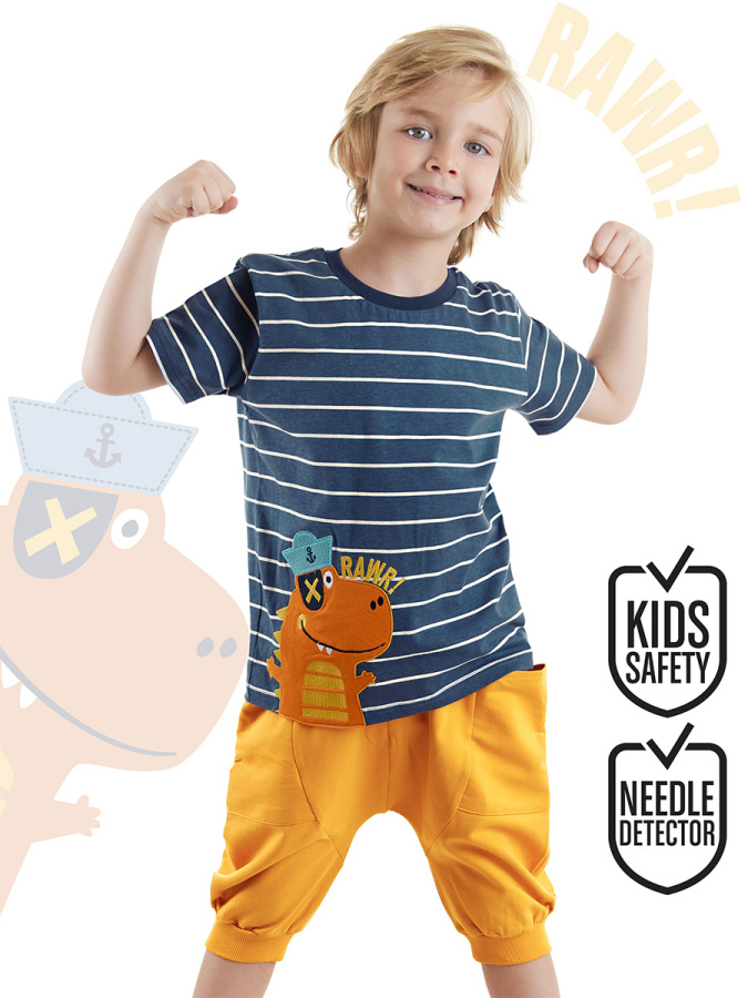 Çizgili Denizci Dino Erkek Çocuk Yazlık T-shirt Kapri Şort Takım - 1