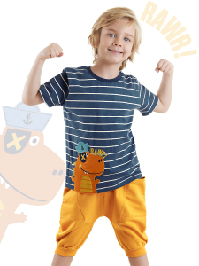 Çizgili Denizci Dino Erkek Çocuk Yazlık T-shirt Kapri Şort Takım - Denokids