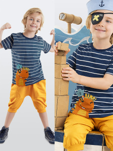 Çizgili Denizci Dino Erkek Çocuk Yazlık T-shirt Kapri Şort Takım - Denokids