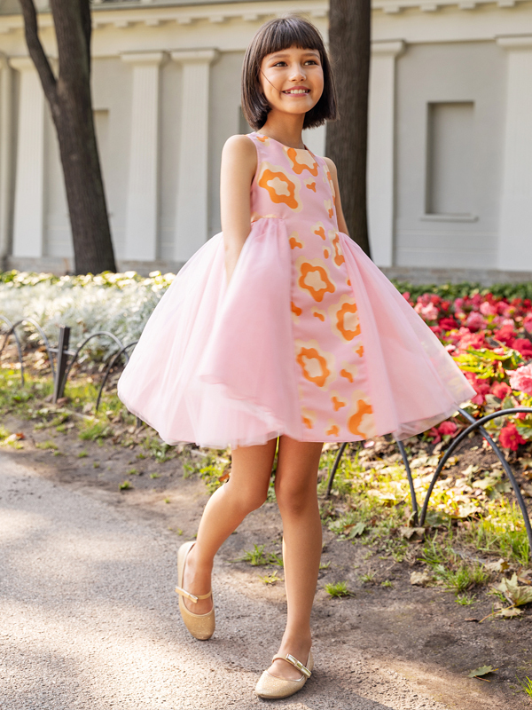 Desenli Jakar Ve Tül Detaylı Kız Çocuk Elbise - 4