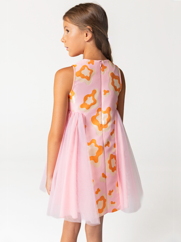 Desenli Jakar Ve Tül Detaylı Kız Çocuk Elbise - 2