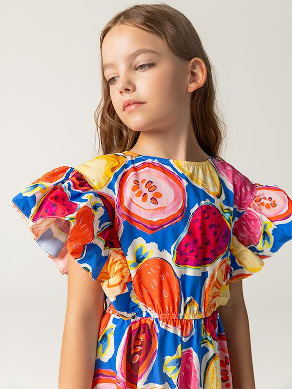 Desenli Pamuklu Beli Lastikli Kız Çocuk Elbise - 3