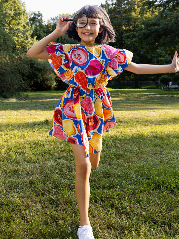 Desenli Pamuklu Beli Lastikli Kız Çocuk Elbise - 5