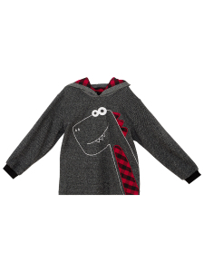 Erkek Çocuk Kışlık Dinozor ve Ekose Desenli Gri Kapüşonlu Uzun Kollu Sweatshirt 2-7 Yaş - 3