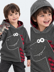 Erkek Çocuk Kışlık Dinozor ve Ekose Desenli Gri Kapüşonlu Uzun Kollu Sweatshirt 2-7 Yaş - Denokids