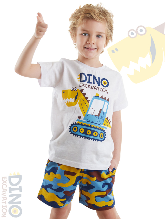 Dino Kazı Erkek Çocuk Yazlık T-shirt Kamuflaj Şort Takım - 1