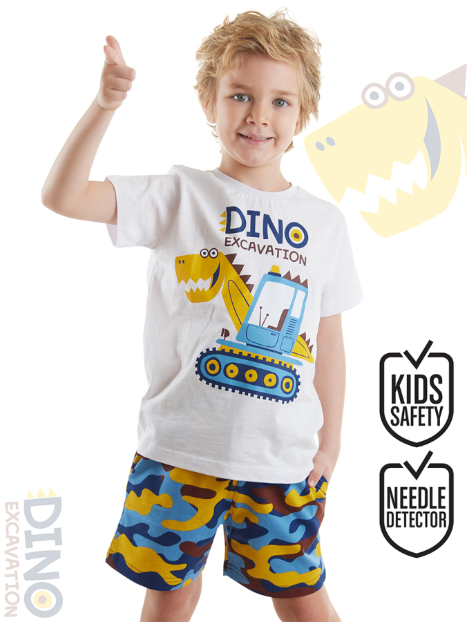 Dino Kazı Erkek Çocuk Yazlık T-shirt Kamuflaj Şort Takım - 1