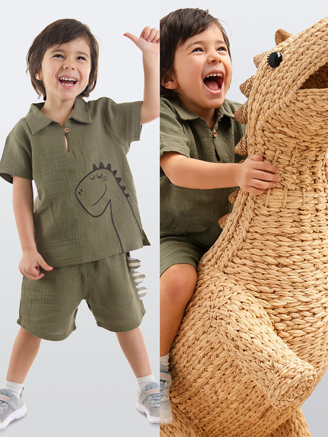 Dino Muslin Boy Shirt&Shorts Set - 1