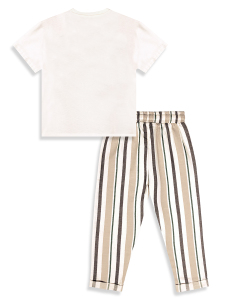 Erkek Çocuk Takım Dinozor Baskılı %100 Pamuk T-Shirt Çizgili Dokuma Pantolon Yazlık Takım - 6