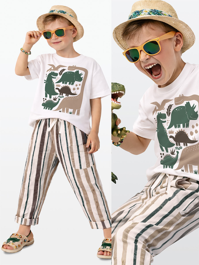 Erkek Çocuk Takım Dinozor Baskılı %100 Pamuk T-Shirt Çizgili Dokuma Pantolon Yazlık Takım - 1