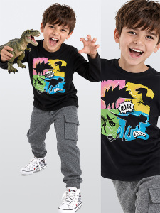 Erkek Çocuk Kışlık Dinozor Desenli Pamuklu Siyah Uzun Kollu 2 Parça T-Shirt Pantolon Takımı 4-10 Yaş - Denokids