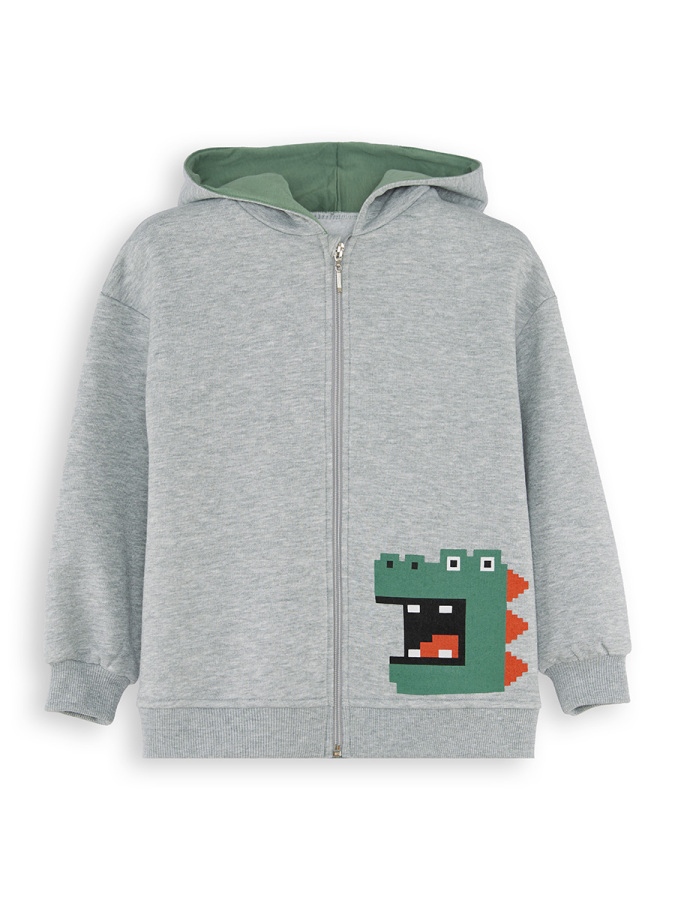 Dinozor Erkek Çocuk Fermuarlı Kapüşonlu Gri Sweatshirt - 3