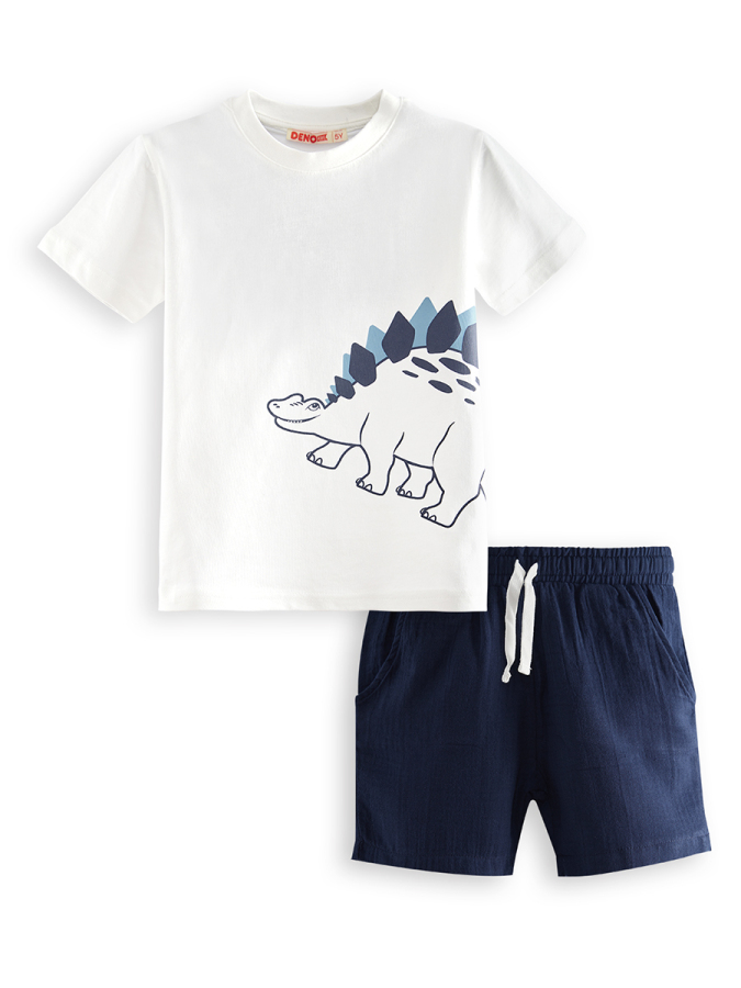 Dinozor Erkek Çocuk T-shirt Müslin Şort Takım - 3