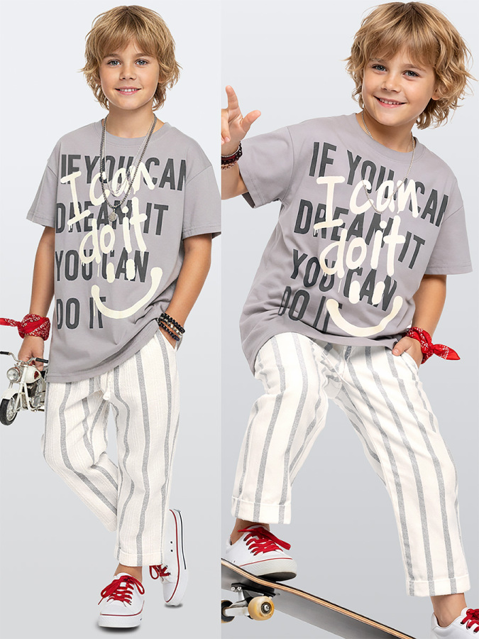 Erkek Çocuk Takım Grafiti %100 Pamuk T-Shirt Ve Çizgili Keten Görünümlü Yazlık Pantolon - 1