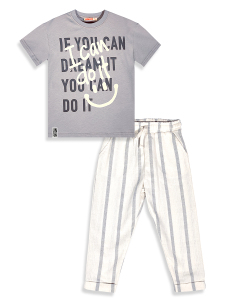 Erkek Çocuk Takım Grafiti %100 Pamuk T-Shirt Ve Çizgili Keten Görünümlü Yazlık Pantolon - 5