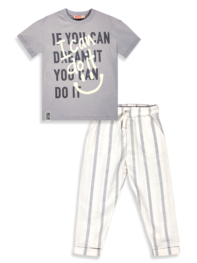 Erkek Çocuk Takım Grafiti %100 Pamuk T-Shirt Ve Çizgili Keten Görünümlü Yazlık Pantolon - 5