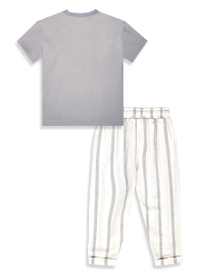 Erkek Çocuk Takım Grafiti %100 Pamuk T-Shirt Ve Çizgili Keten Görünümlü Yazlık Pantolon - 6