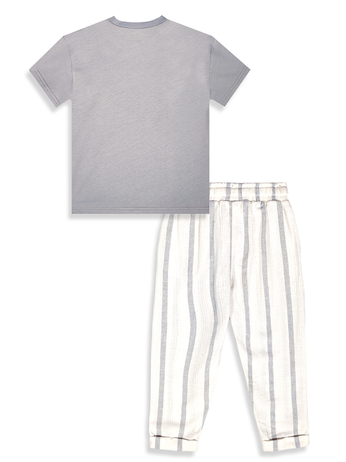 Erkek Çocuk Takım Grafiti %100 Pamuk T-Shirt Ve Çizgili Keten Görünümlü Yazlık Pantolon - 6
