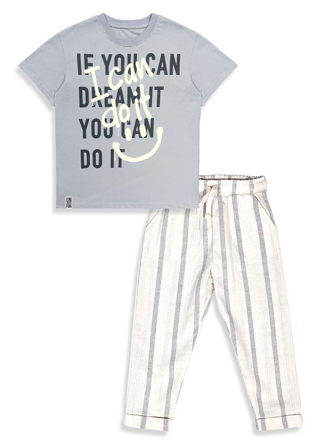 Erkek Çocuk Takım Grafiti %100 Pamuk T-Shirt Ve Çizgili Keten Görünümlü Yazlık Pantolon - 4