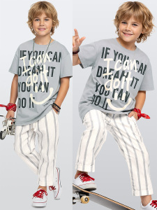 Erkek Çocuk Takım Grafiti %100 Pamuk T-Shirt Ve Çizgili Keten Görünümlü Yazlık Pantolon - Denokids