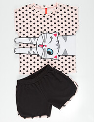 Dotted Cat Girl Short T-shirt Set - Thumbnail