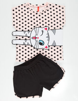 Dotted Cat Girl Short T-shirt Set