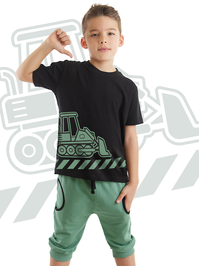 Dozer Yolda Yeşil Erkek Çocuk Yazlık T-shirt Cepli Kapri Şort Takım - 1