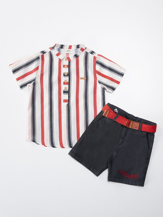 Erkek Bebek 3'lü Takım Gömlek Şort Kemer Takım - 1