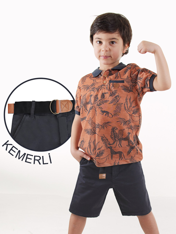 Erkek Çocuk 3'li Takım Polo Yaka T-shirt Şort Kemer Takım - 1
