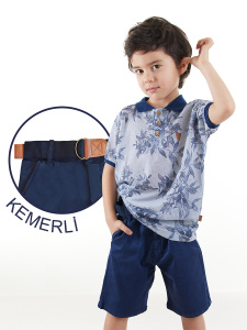 Erkek Çocuk 3'li Takım Polo Yaka T-shirt Şort Kemer Takım - Midimod
