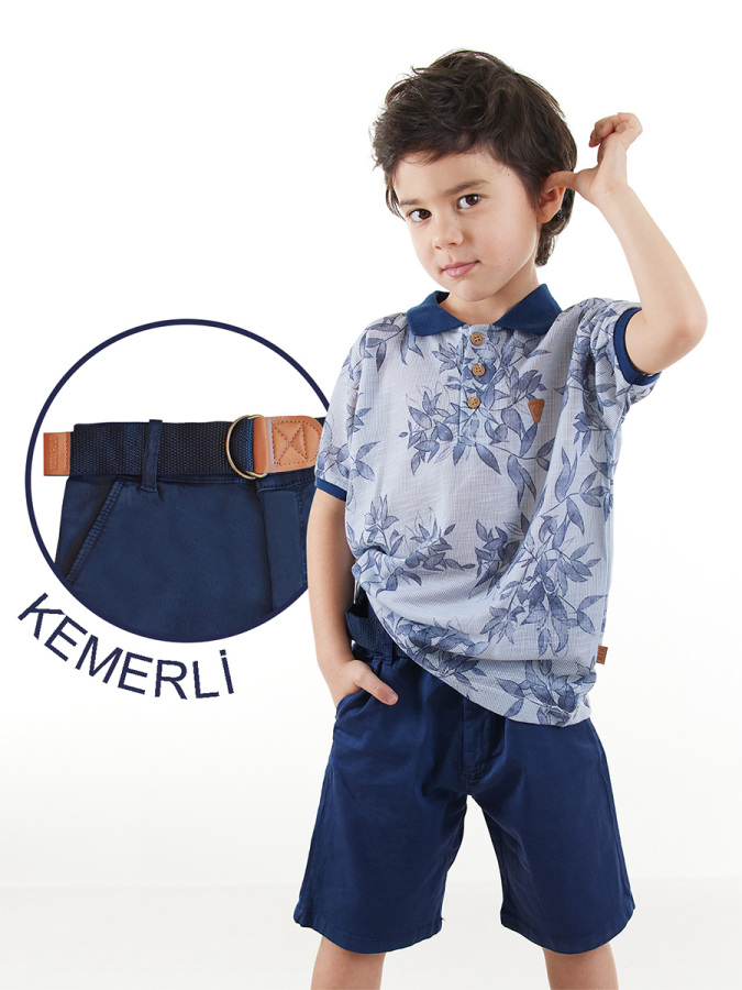 Erkek Çocuk 3'li Takım Polo Yaka T-shirt Şort Kemer Takım - 1