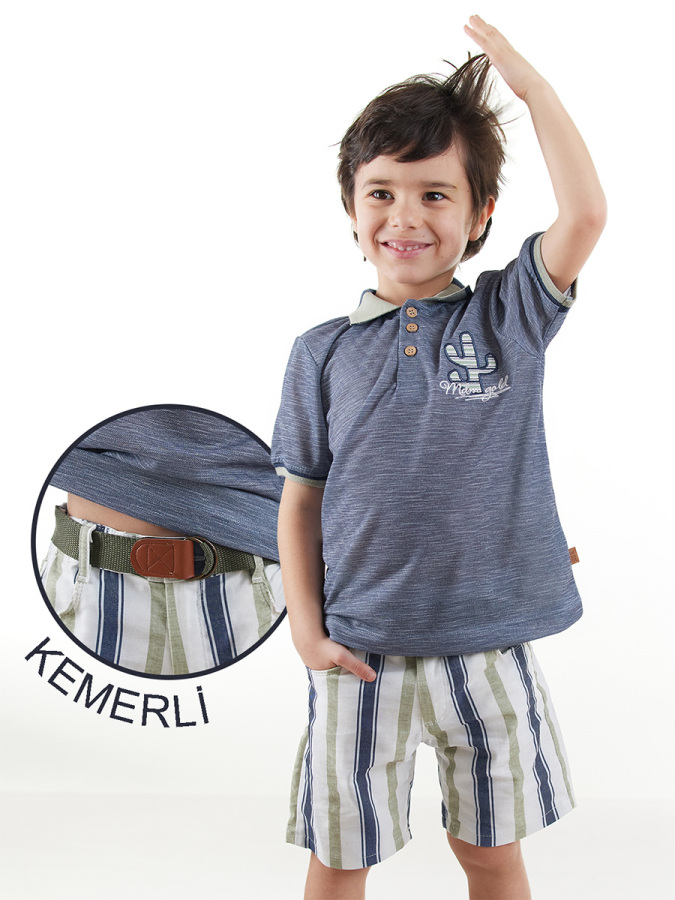 Erkek Çocuk 3'lü Takım Polo Yaka T-shirt Şort Kemer Takım - 1
