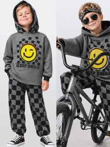 Erkek Çocuk Eşofman Takım Damalı Kalın Kapüşonlü Sweatshirt Eşofman Altı - Denokids