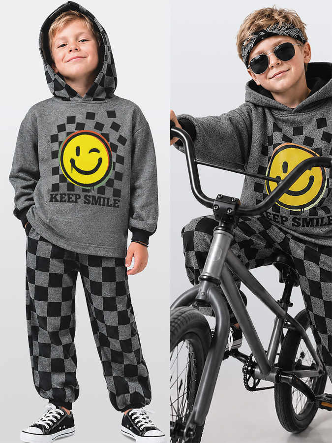Erkek Çocuk Eşofman Takım Damalı Kalın Kapüşonlü Sweatshirt Eşofman Altı - 1