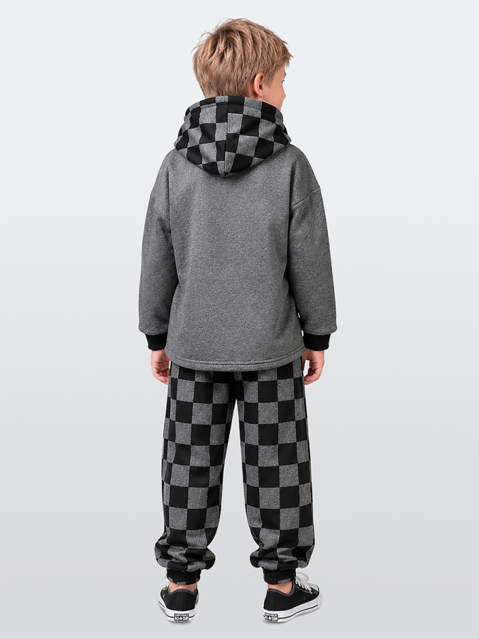 Erkek Çocuk Eşofman Takım Damalı Kalın Kapüşonlü Sweatshirt Eşofman Altı - 2