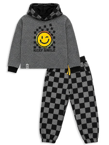 Erkek Çocuk Eşofman Takım Damalı Kalın Kapüşonlü Sweatshirt Eşofman Altı - 4