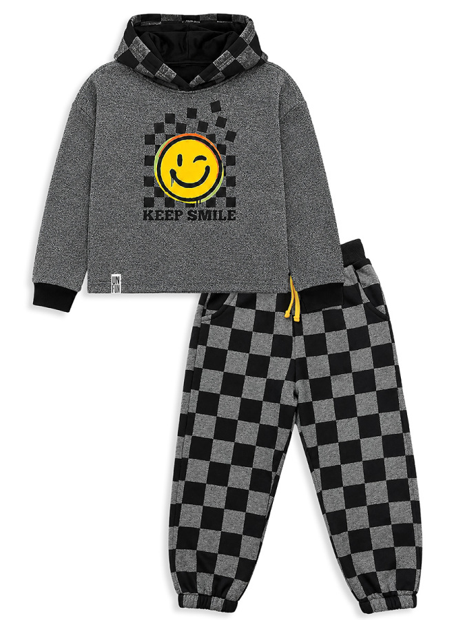 Erkek Çocuk Eşofman Takım Damalı Kalın Kapüşonlü Sweatshirt Eşofman Altı - 4