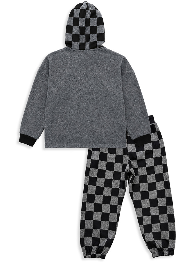 Erkek Çocuk Eşofman Takım Damalı Kalın Kapüşonlü Sweatshirt Eşofman Altı - 5