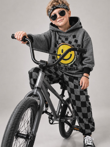 Erkek Çocuk Eşofman Takım Damalı Kalın Kapüşonlü Sweatshirt Eşofman Altı - 6