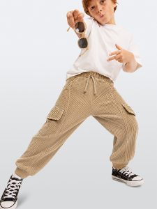 Erkek Çocuk Jogger Pantolon Cepli Fitilli Kadife %100 Pamuk Bej Kışlık (5-10 Yaş) - Denokids