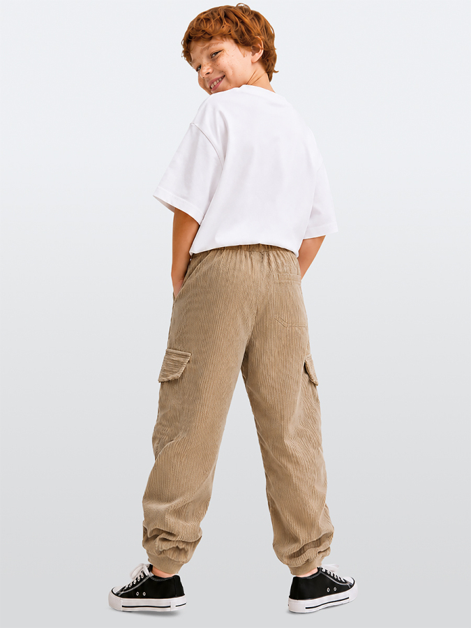 Erkek Çocuk Jogger Pantolon Cepli Fitilli Kadife %100 Pamuk Bej Kışlık (5-10 Yaş) - 2