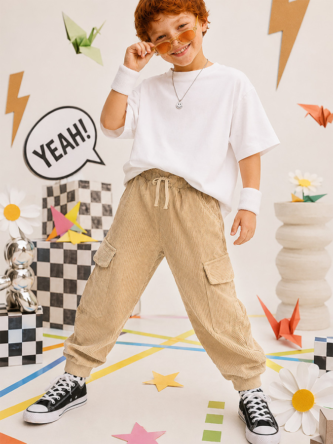Erkek Çocuk Jogger Pantolon Cepli Fitilli Kadife %100 Pamuk Bej Kışlık (5-10 Yaş) - 6