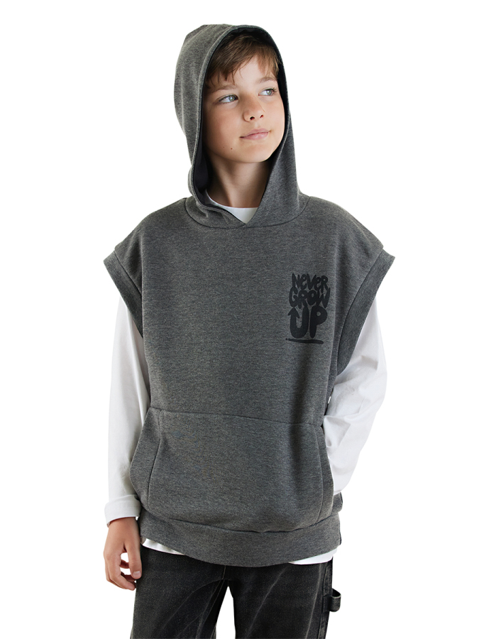 Erkek Çocuk Kapüşonlu Kolsuz Gri Sweatshirt - 1