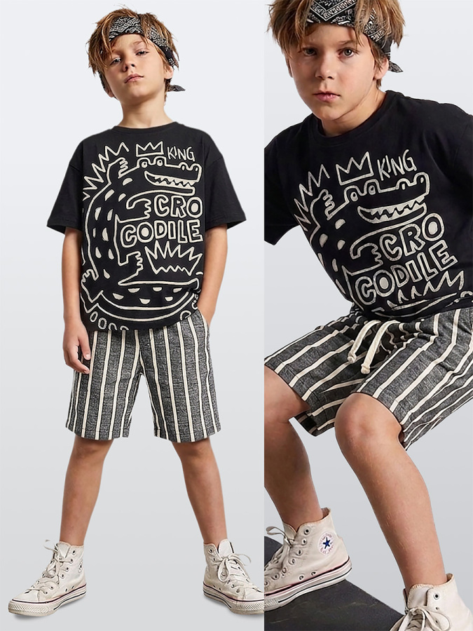 Erkek Çocuk Takım Croco Siyah T-Shirt Ve Çizgili Keten Görünümlü Yazlık Şort - 1