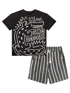 Erkek Çocuk Takım Croco Siyah T-Shirt Ve Çizgili Keten Görünümlü Yazlık Şort - 4