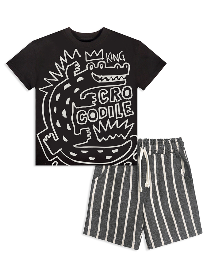 Erkek Çocuk Takım Croco Siyah T-Shirt Ve Çizgili Keten Görünümlü Yazlık Şort - 4