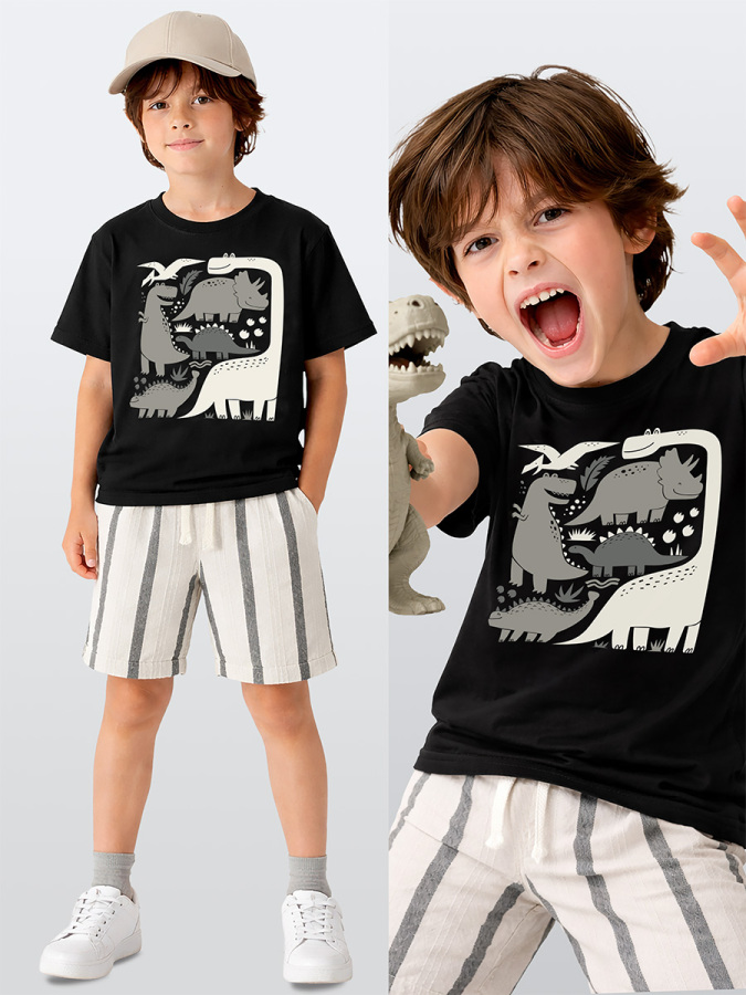 Erkek Çocuk Takım Dino Pamuk T-Shirt Ve Çizgili Keten Görünümlü Yazlık Şort - 1