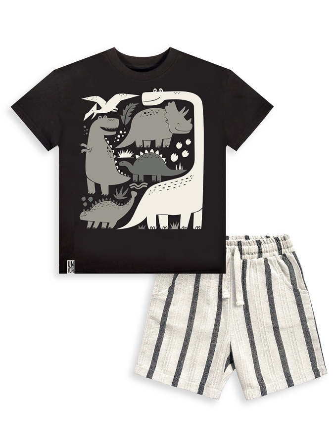 Erkek Çocuk Takım Dino Pamuk T-Shirt Ve Çizgili Keten Görünümlü Yazlık Şort - 4