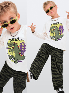 Erkek Çocuk Takım Dinozor Baskılı %100 Pamuk T-shirt ve Pantolon (3-8 Yaş) - Denokids