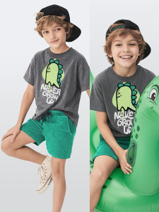 Erkek Çocuk Takım Dinozor Baskılı T-Shirt Havlu Şort İkili Takım Yazlık 4-8 Yaş - Denokids